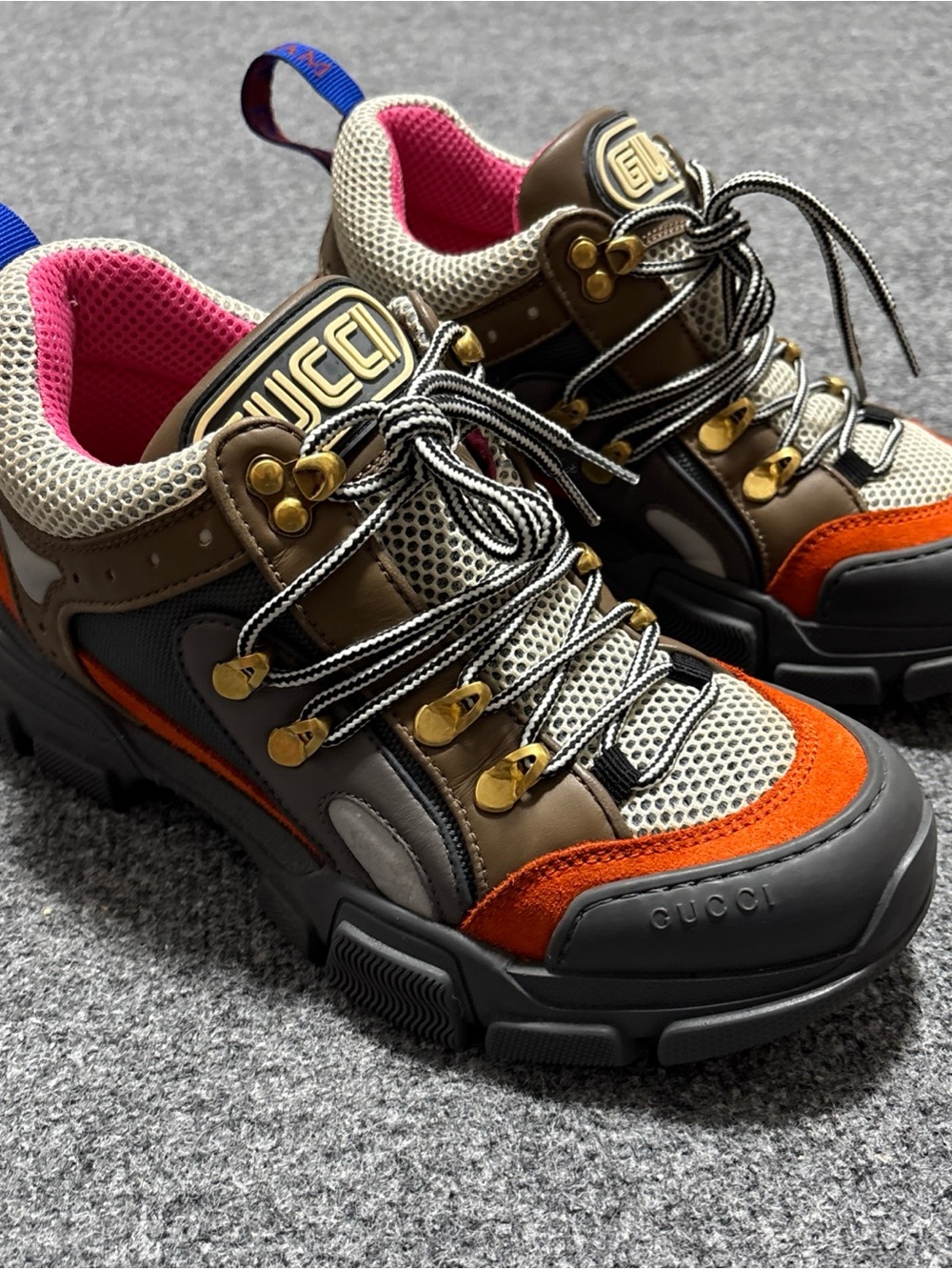 Size 37 - GUCCI Flashtrek Brown Orange Pink Mesh Chunky Hiker Sneakers Luxury